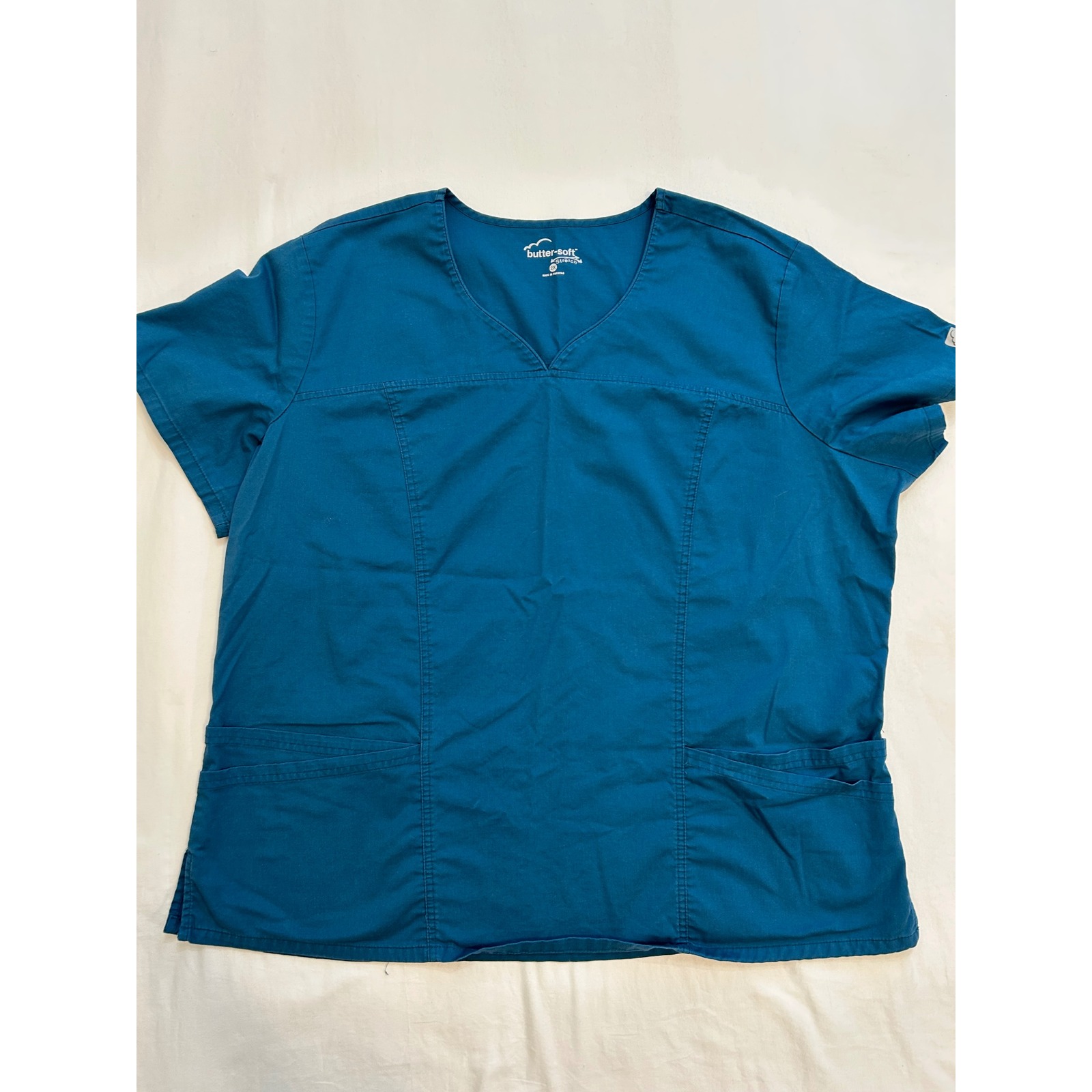 Butter-Soft Stretch Scrub Top Womens 2x Teal Blue V-Neck Short Sleeve Medical